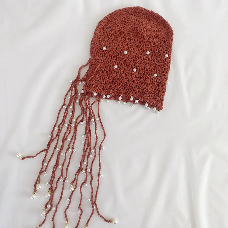

Designer Bonnets Latest Turban Vintage Literary Handmade Crocheted Ethnic Style Knitted Hat Female Pearl Tassel Princess Hat