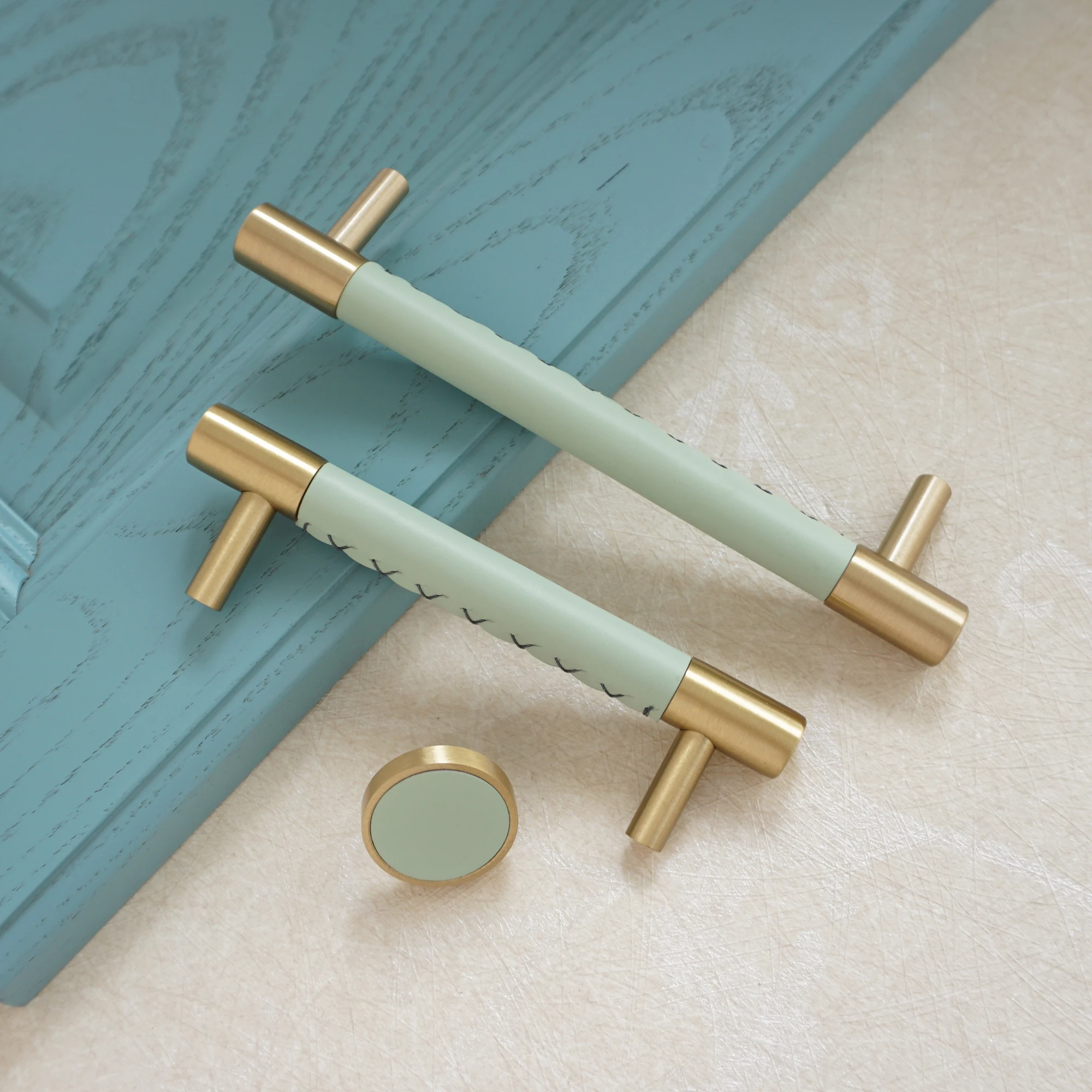 3 75 &quot5&quot Медь ручки шкафа светильник Зеленые кожаные ящика дрессера ручка