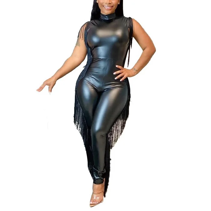 

Пикантные черные сапоги PU искусственная кожа, высокие облегающие комбинезоны с бахромой однотонное платье без рукавов с высокой талией эле...