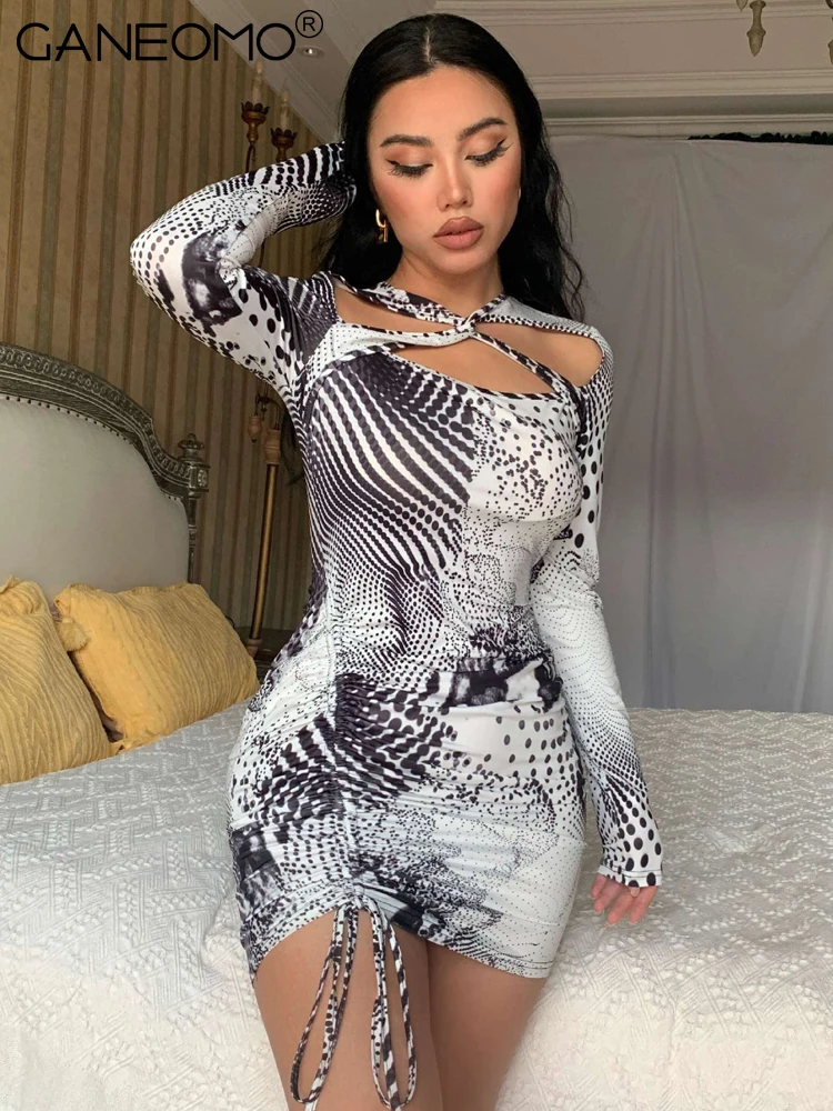 

Sexy Bandage Printed Bodycon Mini Dress For Women Elegant Drawstring Stretchy Wrap Short Dresses 2022 Party Evening Club Outfits
