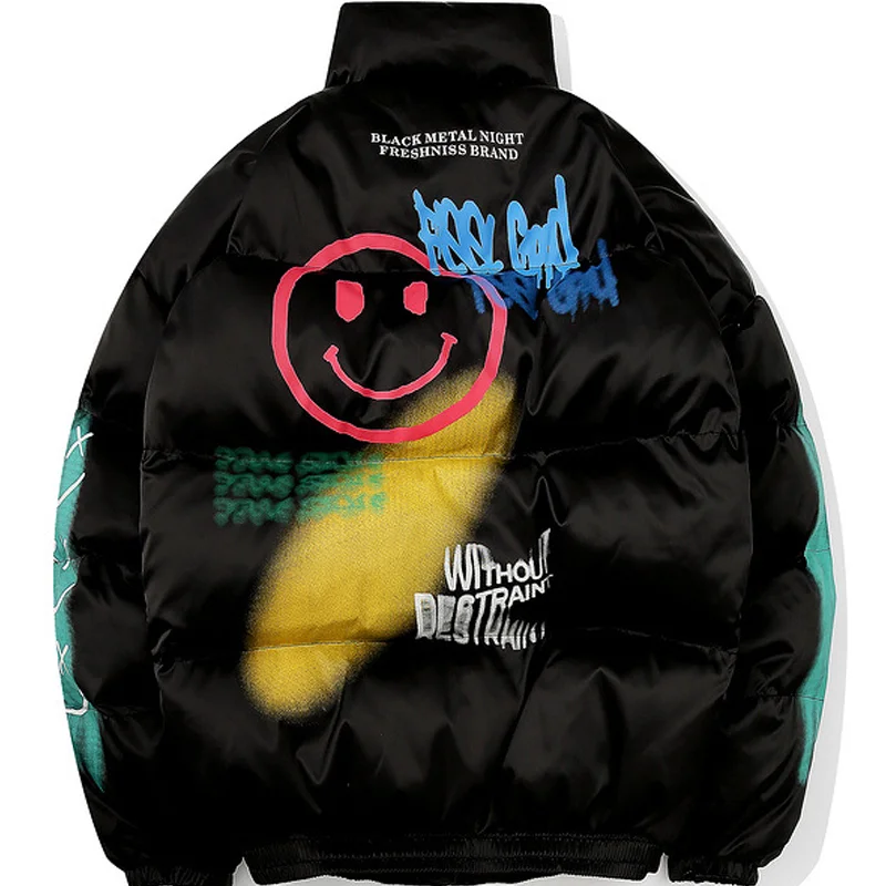

2021 Hip Hop Jacket Parka Smile Face Print Men Windbreaker Streetwear Harajuku Winter Padded Coat Warm Outwear Thick New Arrival
