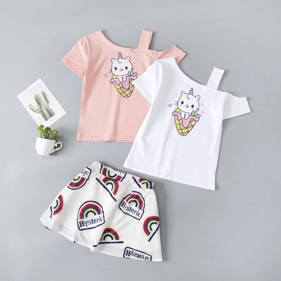 

2021 Cartoon Animal Pattern T-Shirt + Rainbow Skirt Suits Child Girl Summer Casual Clothes Kids Party Outfits 1-6 Years