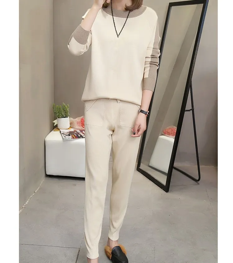 Женские вязаные брюки комплект из 2 предметов элегантный свитер + штаны шаровары