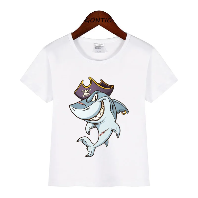 

Pirate Shark Print Boys T Shirt Cartoon Children's Summer Tops Fashion Short Sleeve Cotton Tshirt Cute Animal Kids Clothing