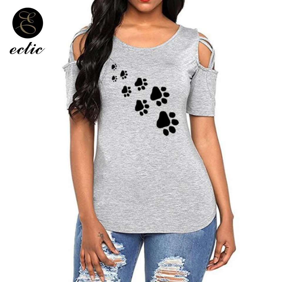 Кошка Коготь Образец Сердце Принт Футболка Открытыми Плечами С Рукавами