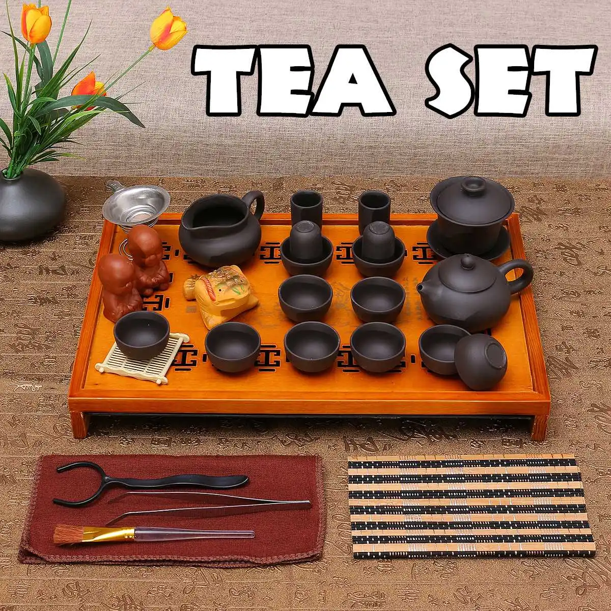 

Yixing Purple Clay Kung Fu Tea Set Drinkware Tea Cup Tureen Infuser Chinese Tea Ceremony with Wood Tea Tray Home Teaware Sets