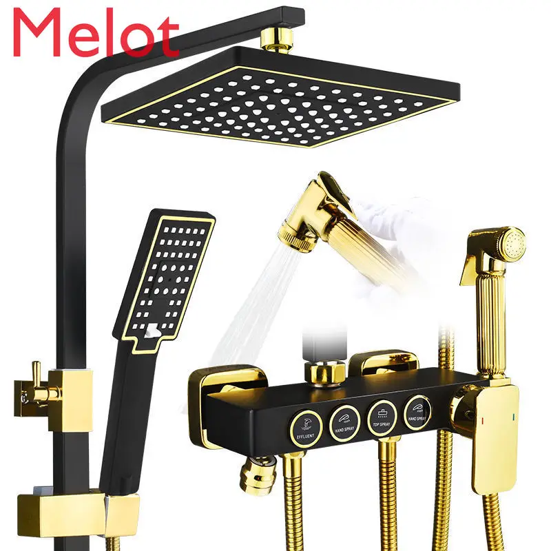 

European-Style Black Gold Shower Head Set Household Copper Bathroom Shower Bathroom Supercharged Bath Shower Head