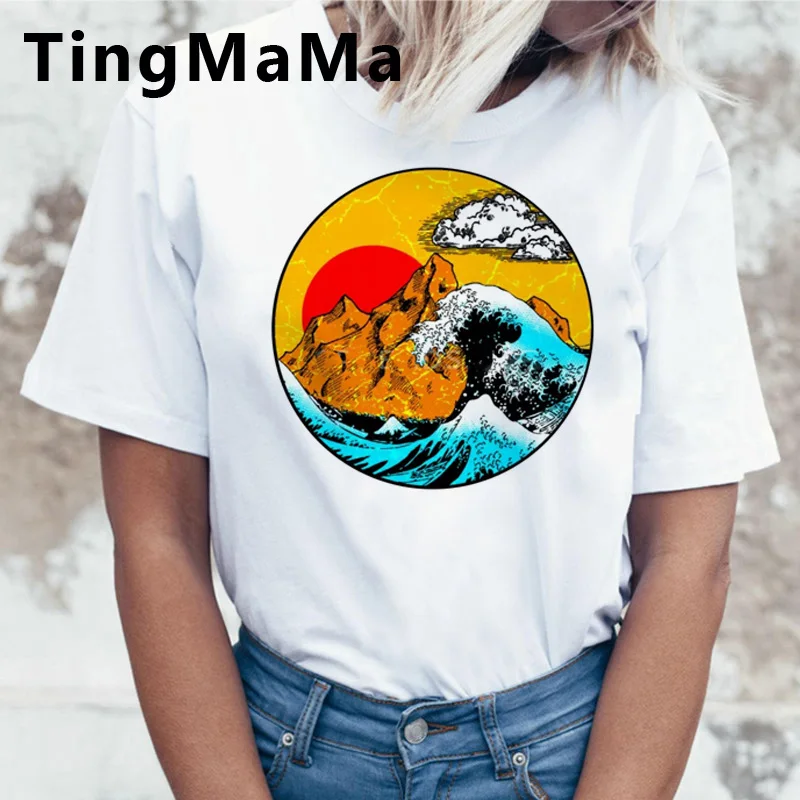 Женская футболка в японском стиле с героями мультфильмов The Great Wave Харадзюку хип
