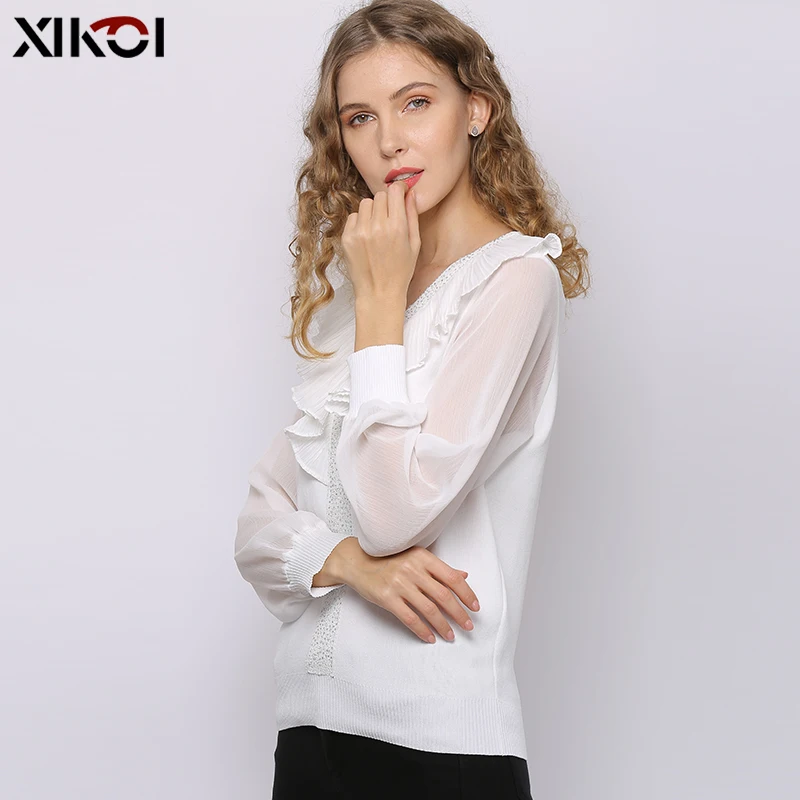 Женская шифоновая блузка XIKOI с оборками и V-образным вырезом белая рубашка