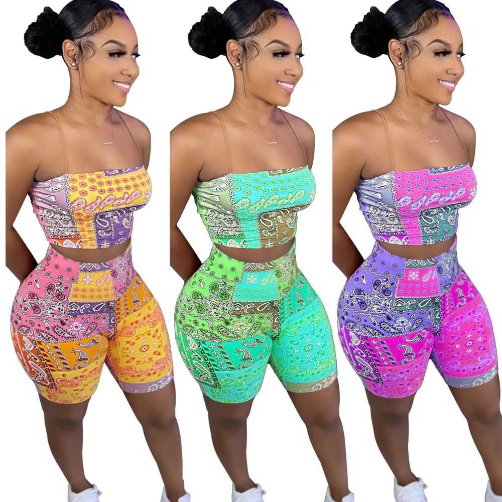 

Women Off Shoulder Sling Crop Top & High Waist Shorts Set Two Piece Summer Printing Beach Suits