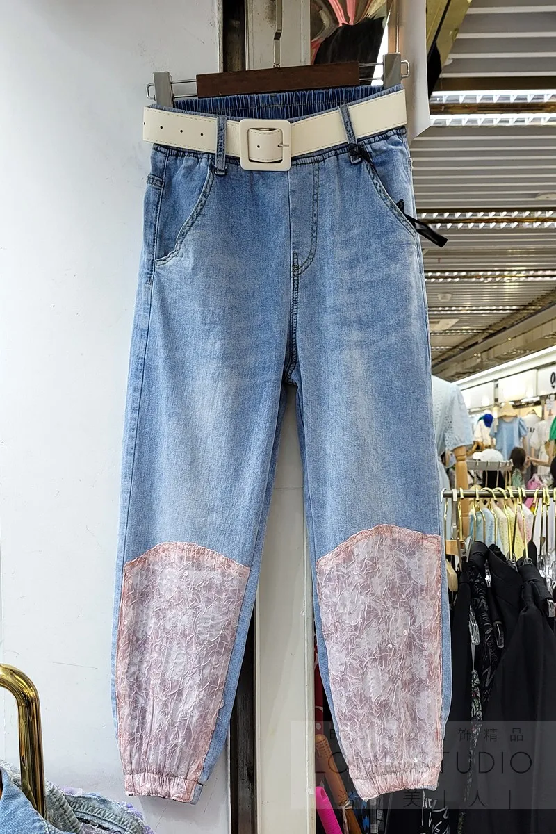 

Women High Waist Wide Leg Jeans 2021 Summer New Denim Stitching Lace Sequins Denim Pants Female Slimming Vintage Jeans