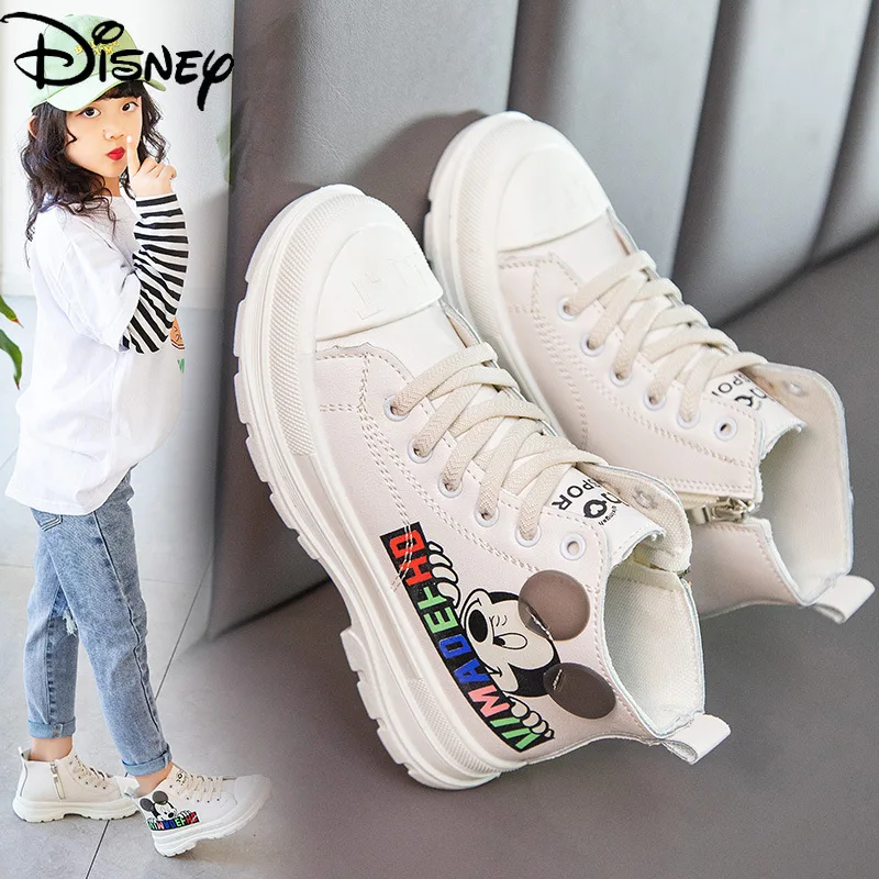 

Новые британские мартинсы Disney, детские ботинки с Микки Маусом Баотоу, обувь для мальчиков и девочек средней длины с защитой от ударов, кожан...