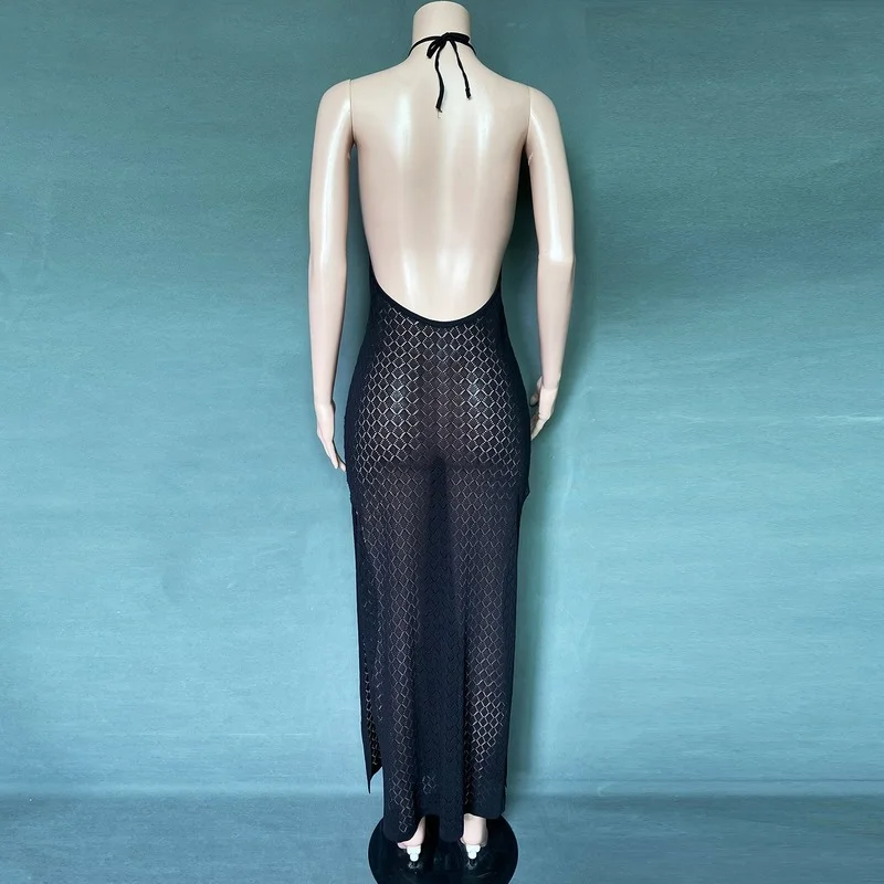 

Sleeveless Knitted Hollow Sling Slit Halter Long Dress 2021 Sexy Dress Women's Perspective Beachwear Summer Vacation Long Dress