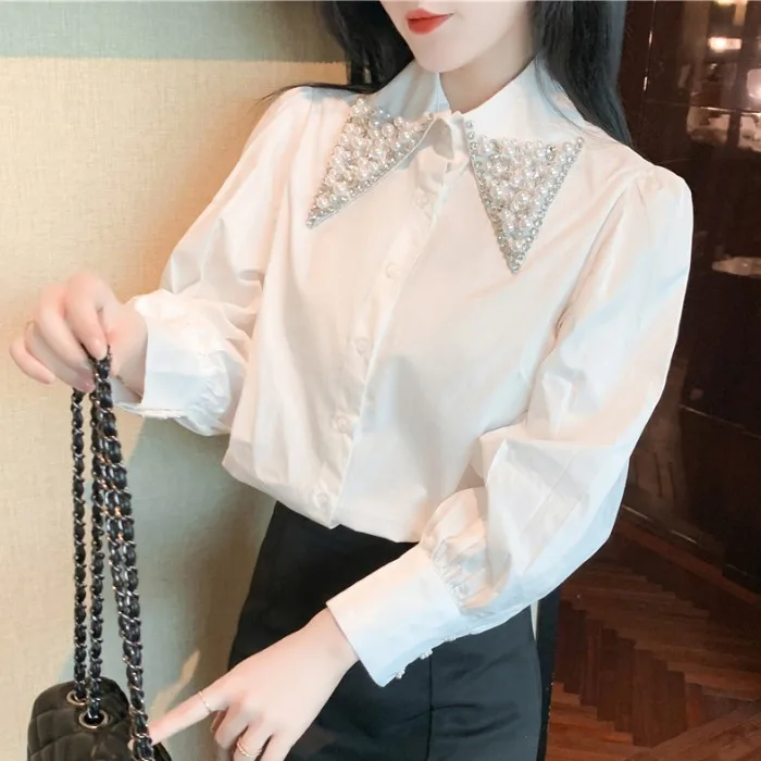 Женская офисная блузка с длинным рукавом элегантная белая отложным воротником и