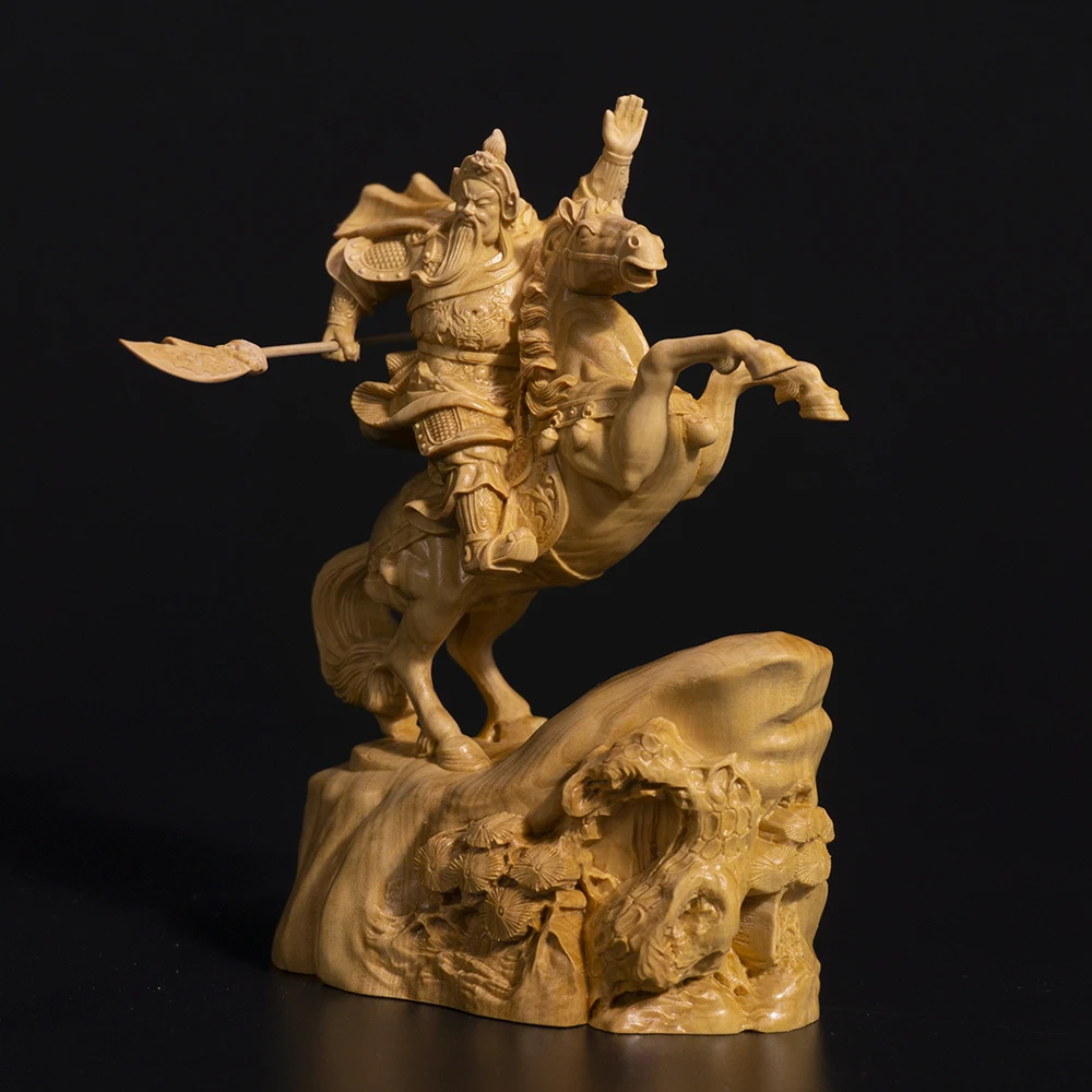 Деревянная статуя Guan Yu 15 см резьба из самшита богатство Бог удача езда Гуань гонг