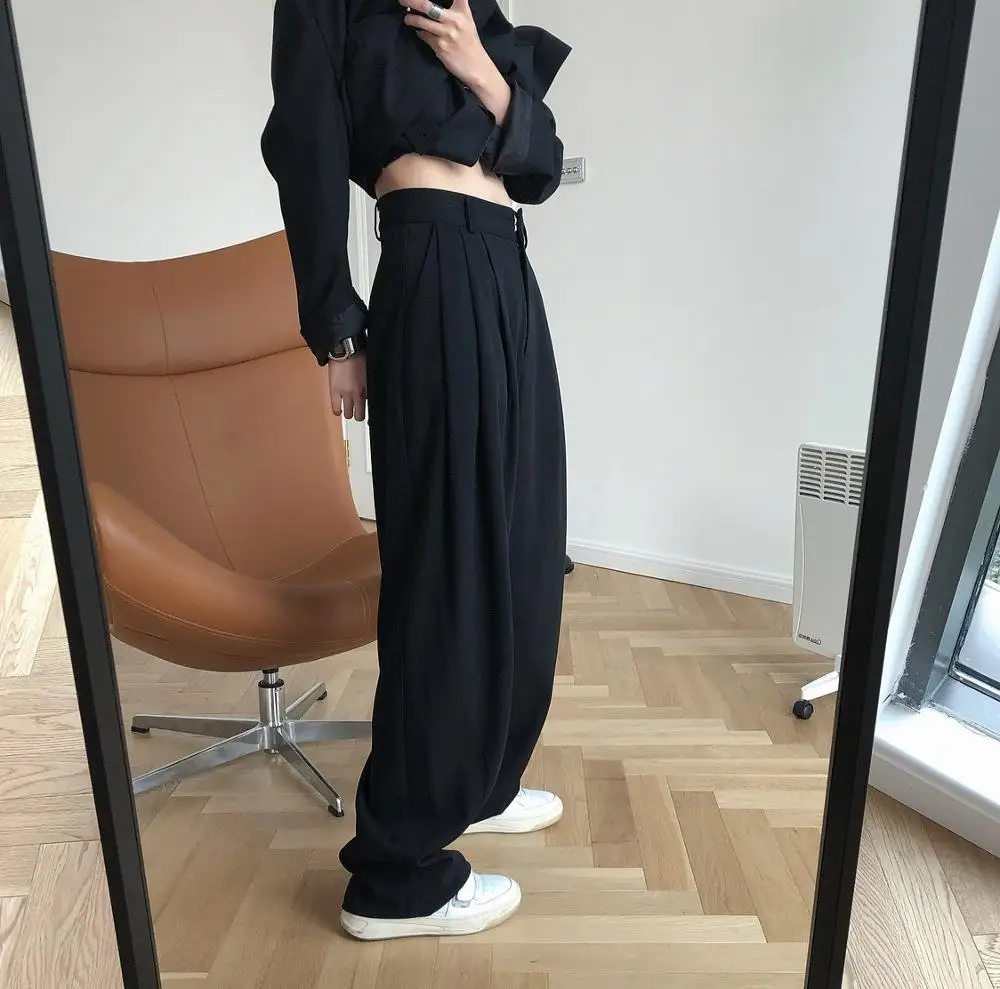 Spring Autumn Simple Trousers Ladies Office High Waist Pants Pleated Casual Loose Women Ankle-Length Pants Female OL 205E