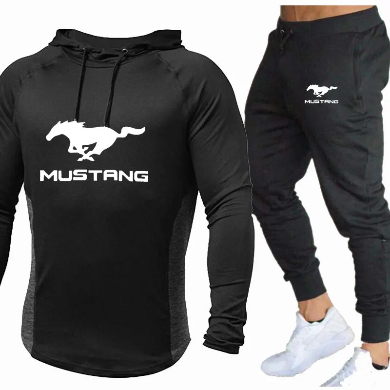 

Свитшот мужской с логотипом машины Mustang, Повседневный хлопковый комплект из 2 предметов, толстовка с капюшоном и брюки, весна-осень