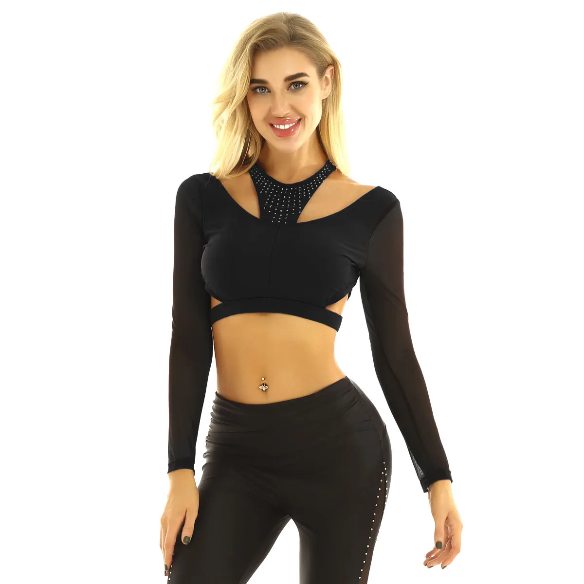 

Women Shiny Rhinestones Long Sleeve Crop Top Adult Stage Performance Dance Costume Workout Ballet Dancewear Gymnastics Tops