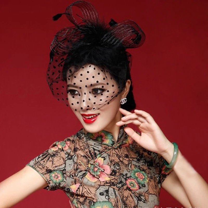 

Элегантные черные женские шляпы и вуалетки, головной убор, Женская Фата для лица, сетчатая сетка в горошек с Lssuing, повязка на голову, свадебны...