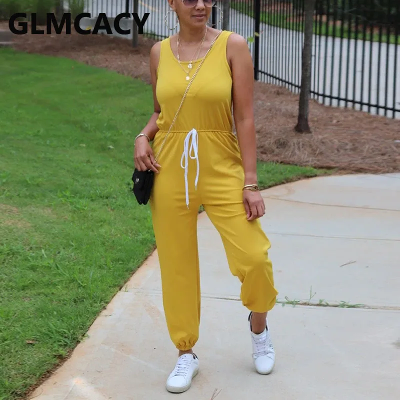 

Women Tank Jumpsuits Sleeveless Casual Solid Drawstring Regular Overalls Jumpsuit