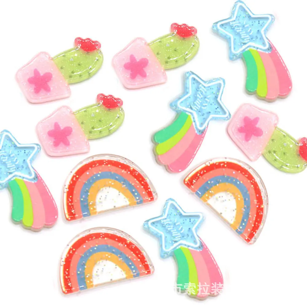 

10Pcs Acrylic Glitter Rainbow Cactus Slices Flat back Cabochon Planar Kids Hair Bows Accessories DIY Scrapbooking Craft Decor