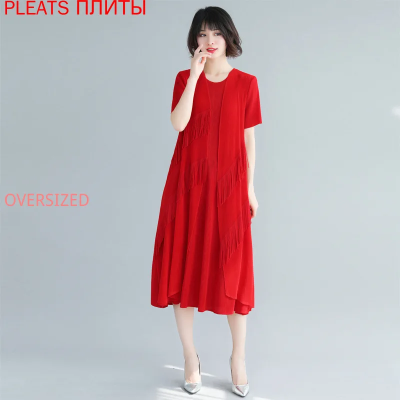 

Miyake Folds 2022 New Spring Slim Short-sleeved Dress Tassel Niche Fashion Fake Two-piece Dress PLEATS Elegant Vestidos Robe