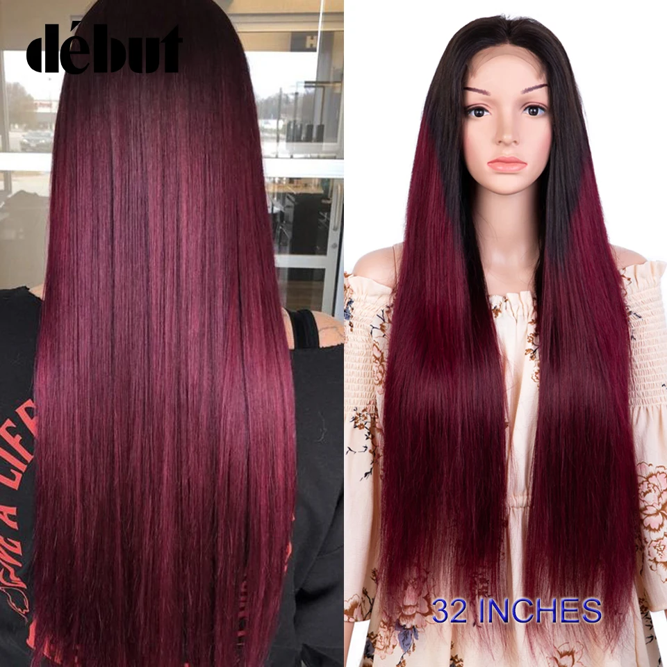 Debut 34 Inches Straight 4*4 Lace Closure Wigs For Women Brazilian Human Hair Wigs Ombre 99J Burgundy Lace Front Wigs Free Ship