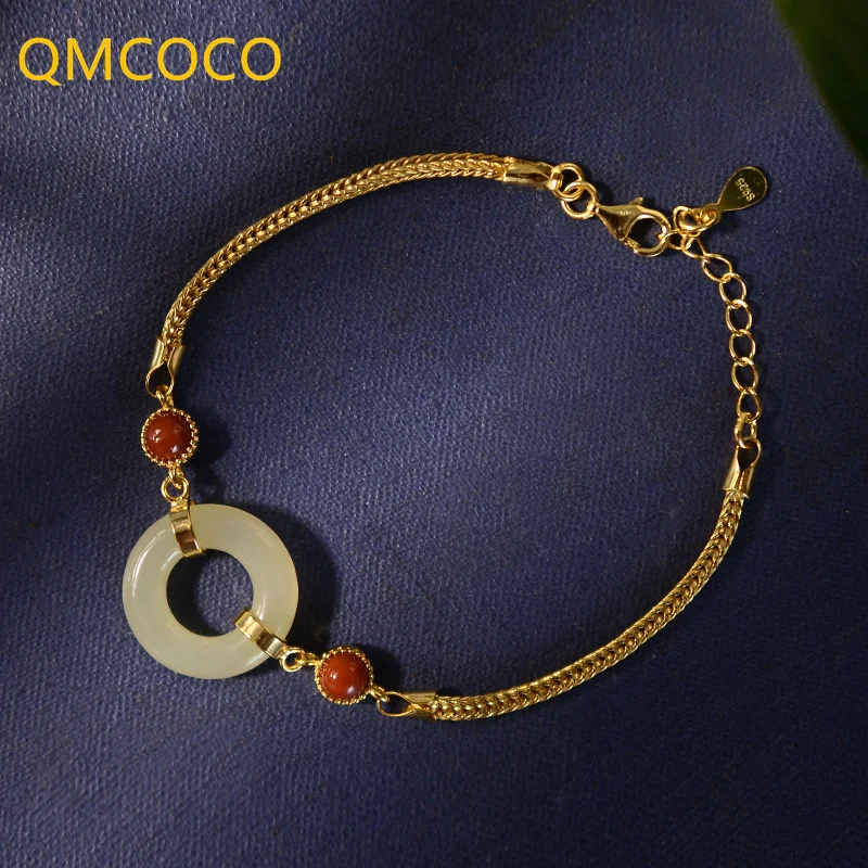 QMCOCO серебряный Круглый с перфорацией круглый камень модный ретро браслет для