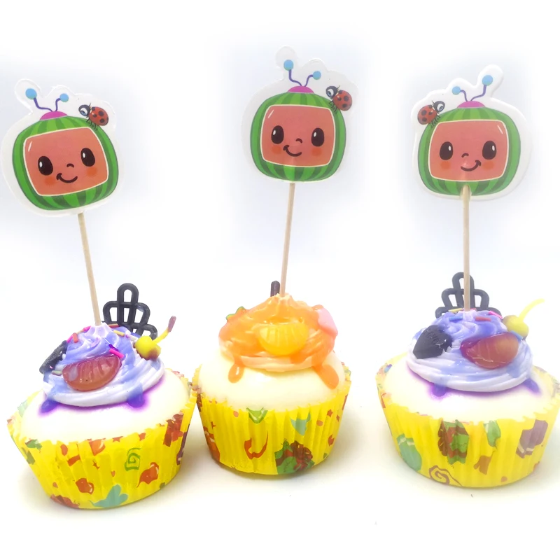 

12pcs/lot Cocomelon Theme Happy Baby Shower Cupcake Toppers Decorations Birthday Party Watermelon Design Cake Topper With Sticks