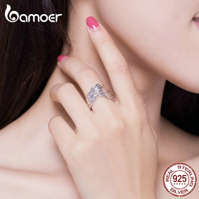 Серебряное кольцо bamoer 925 пробы с крыльями ангела регулируемое платиновым