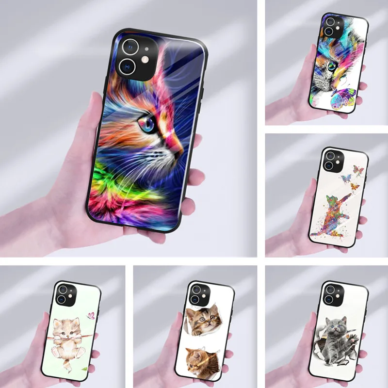 

Kawaii Cat Phonecase For iPhone XS Max To Tempered Glass Cute Colorful Kitty Case For iPhone 7 8 11 12 Pro Max Cases For Women