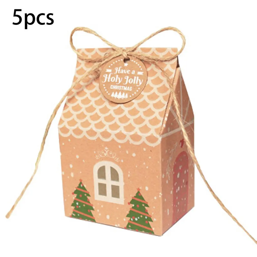 

5Pc House Shape Christmas Gift Box Kraft Paper Creative Candy Cookie Box Birthday Christmas New Year Decoration