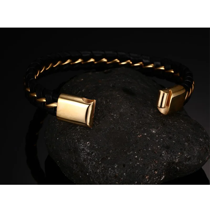 New Gold Steel Gun Black Color Stainless Braided Genuine Leather Bracelet 19/21/22cm Men Bangle Wrap Magnetic-Clasp | Украшения и