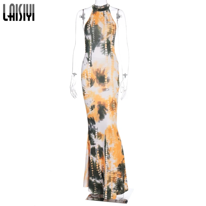 

LAISIYI 2020 Elegant Halter Sleeveless Tie Dye Print Bodycon Floor Long Dress Summer Women Fashion Streetwear Evening-Dress