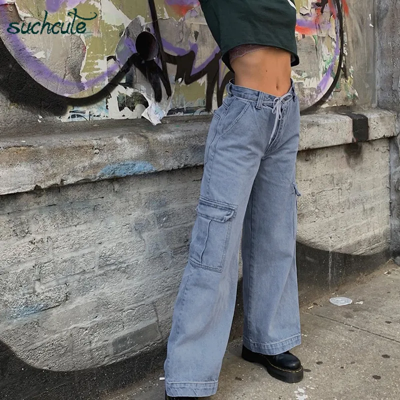 SUCHCUTE Pockage женские джинсы в клетку, джинсовые штаны, широкие брюки в стиле панк, корейский стиль, Harajuku, женские штаны для бега, Harajuku, бриджи