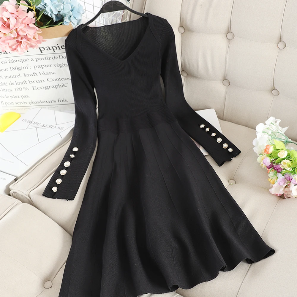 Women Dress Женский Осенний полосатый плиссированный свитер с v-образным вырезом и длинным рукавом, трикотажное платье, винтажное приталенное платье с высокой талией и пуговица для пуловера с оборками - Цвет: Women Dress