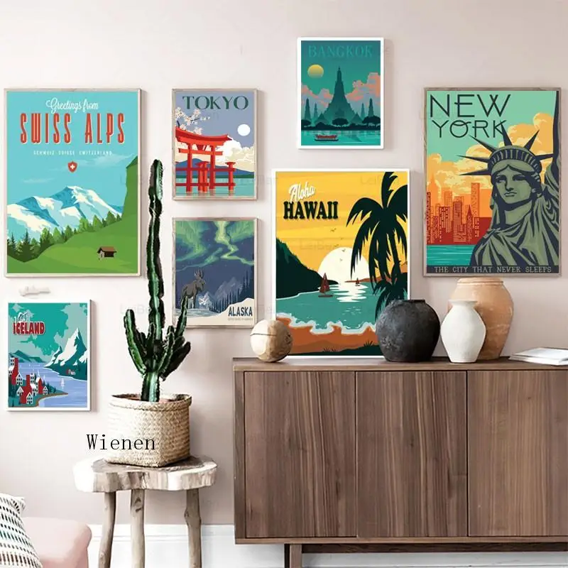 

Cartoon Famous Travel City Landscape Canvas Painting Poster Dubai Tokyo Alaska City Pictures for Modern Home Bedroom Decor