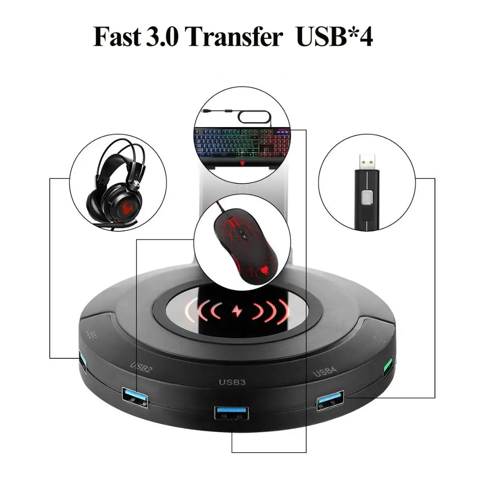 Подставка для наушников befon RGB с 4 USB-портами поддержкой беспроводной зарядки