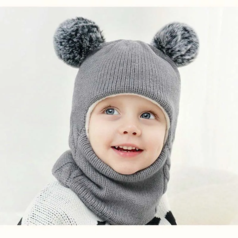 Knitted Flap Hat Newborn Scarf Baby Boy Girl Pom Pom Hat Hooded Scarf Beanie Cap Warm Winter Windproof Warm Hats Solid Color Cap images - 6