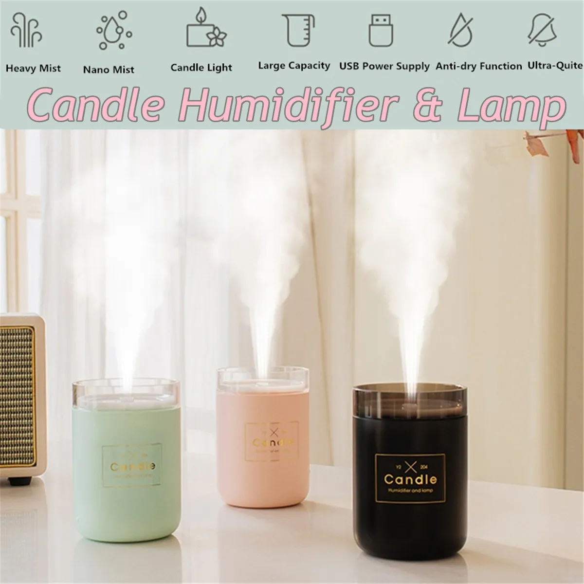 

280ML Ultrasonic Air Humidifier Candle Romantic Soft Light USB Essential Oil Diffuser Car Purifier Aroma Anion Mist Maker