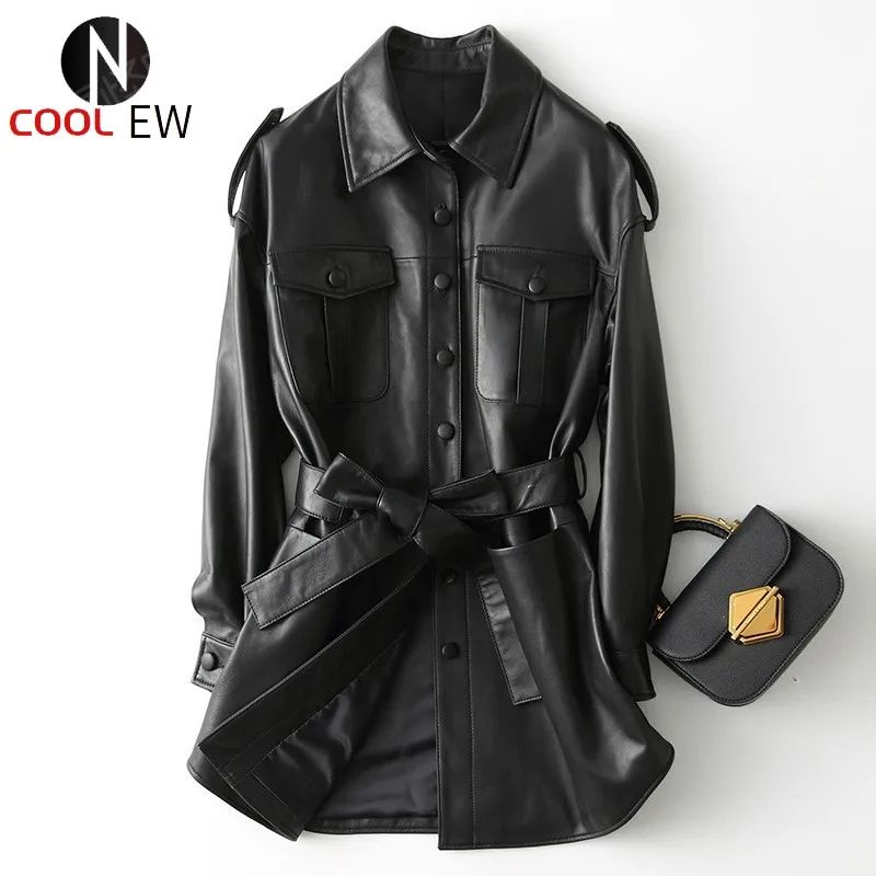 

Brand Office Ladies Genuine Leather Jacket Elegant Slim Sashes Sheepskin Windbreaker Spring Single Breasted Medium Long Coat