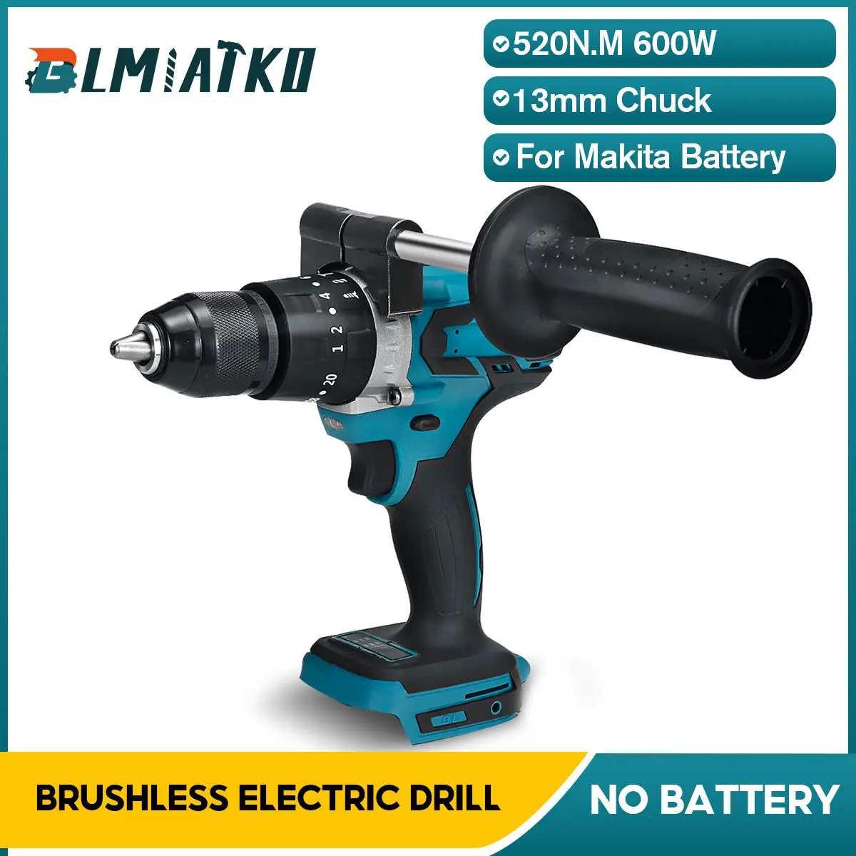 

BLMIATKO 520NM 13mm Brushless Cordless Drill 20 Torque With Impact 3 Function Mini Electric Power Tools Supports Makita Battery