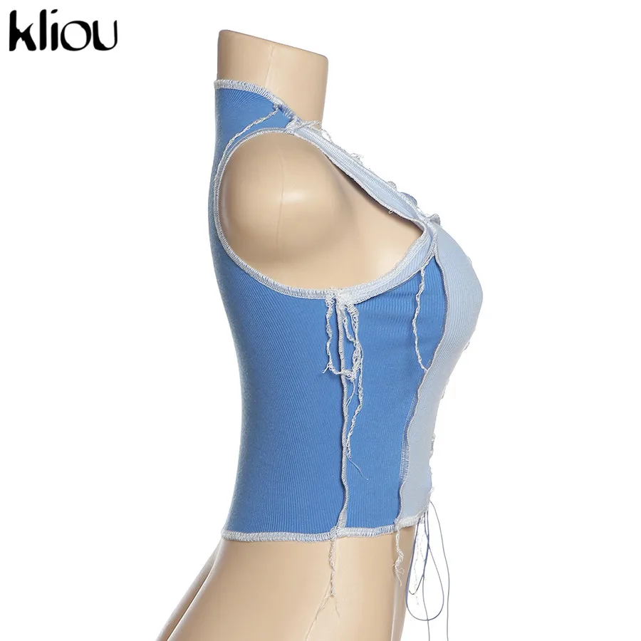 Kliou/сексуальные ребристые Топы на бретельках с вырезами и завязками без рукавов