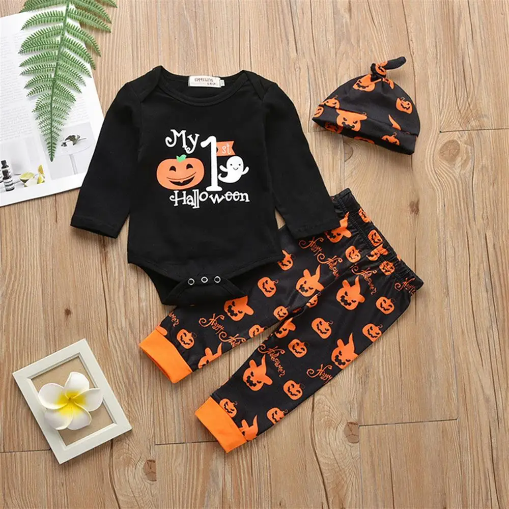 

3pcs Baby Boys Girls Letter Pattern Romper and Printed Long Pants with Hat Halloween Party Outfit Sets