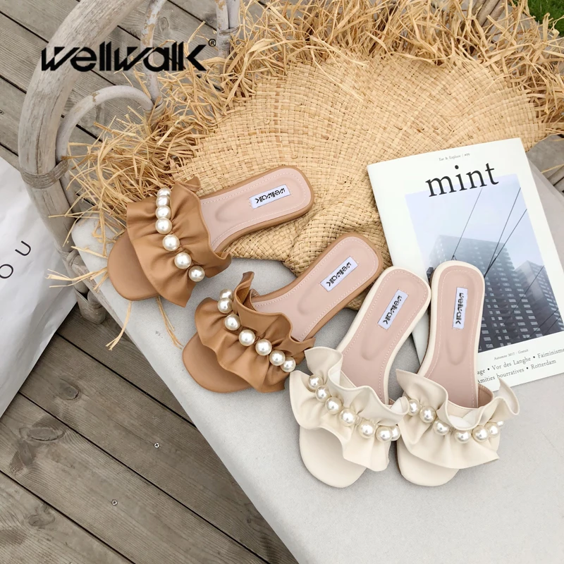 Шлепанцы со стразами Летняя обувь Женские шлепанцы Модные дизайнерские с рюшами