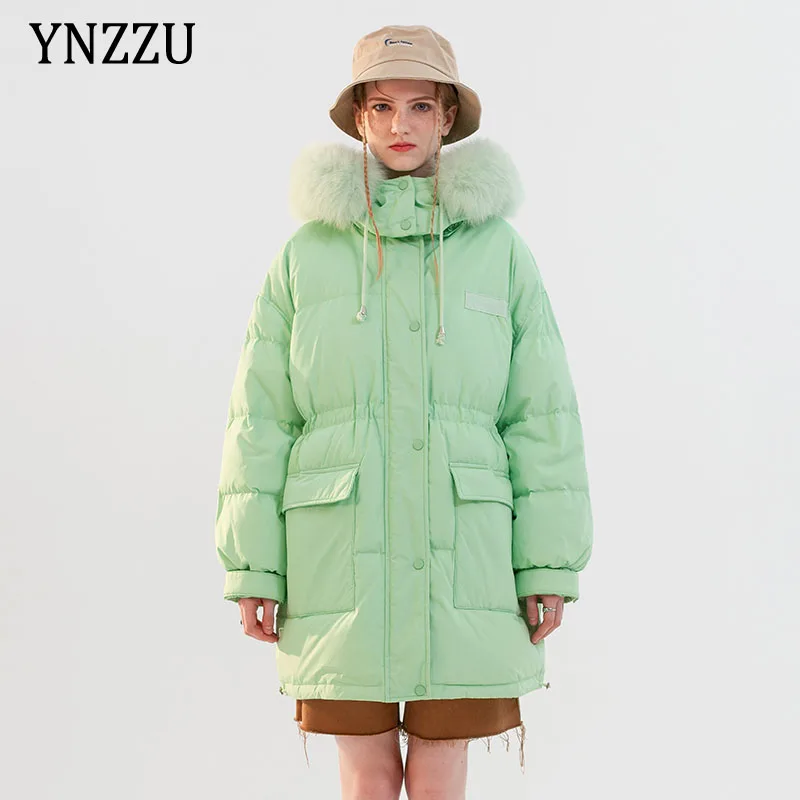 

Fashion Big Fox fur collar Down jacket Female 2021 Winter High street Hooded Oversized Coat Warm Adjustable waist Parkas 1O346