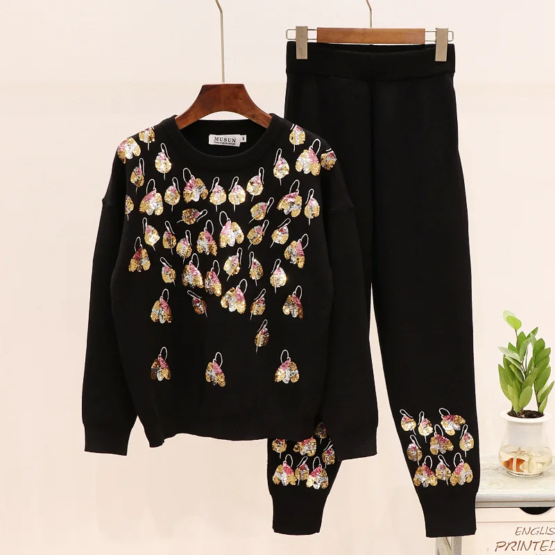 Вышивка блесток Женский вязаный свитер повседневные брюки набор осень новая
