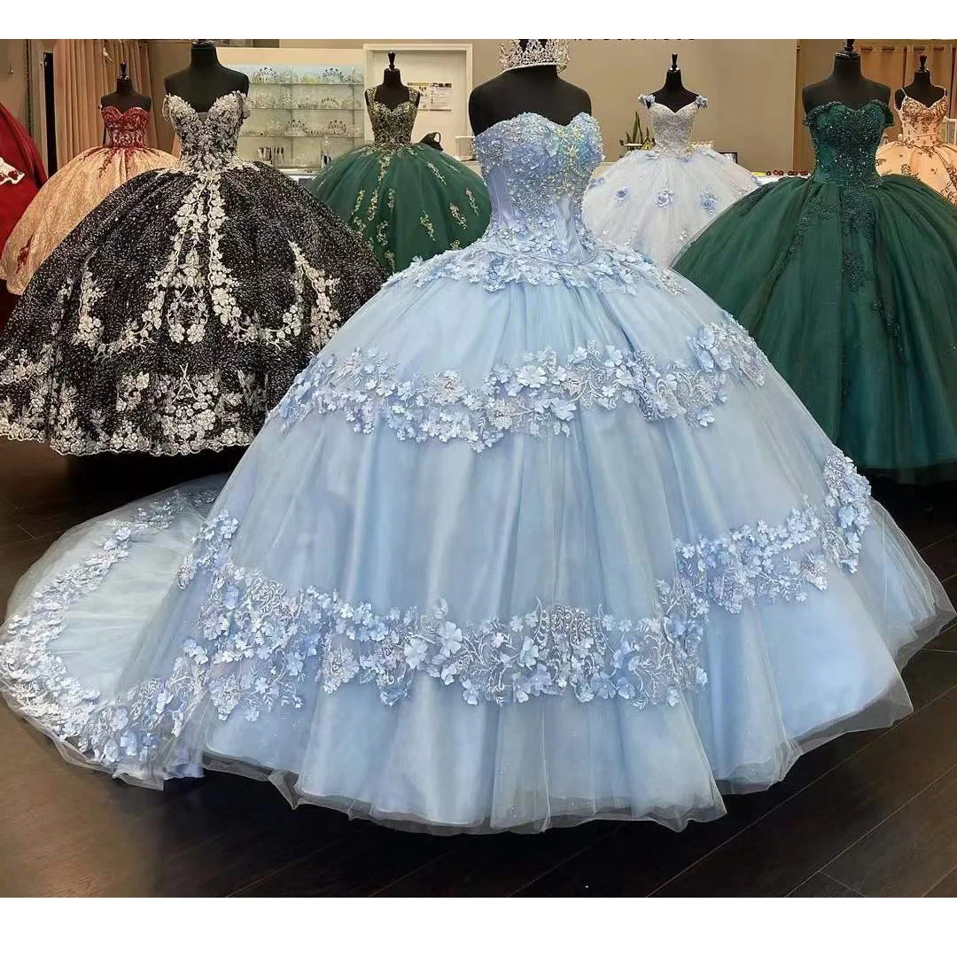 

Бальное платье небесно-голубого цвета, платья для Quinceanera с бусинами, блестками, 3D цветами, милое платье с аппликацией сердечком 16 лет, платья 15 лет