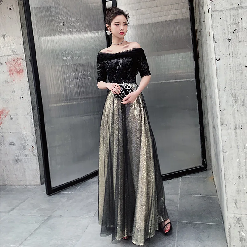 

Off Shoulder Noble Black Cheongsam Starry Sky Gradual Change Sexy Evening Party Dress Formal Dress Women Full Length Prom Gown