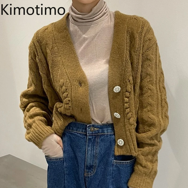 

Kimotimo Vintage Jacquard Cardigan Women Korean Chic Temperament V Neck Cropped Sweater Autumn Winter Long Sleeve Knitted Coat